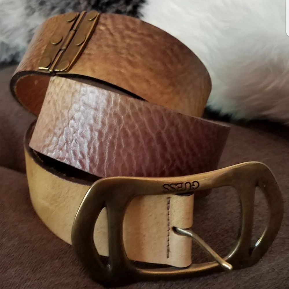 Guess Genuine Leather Ombre Brown Beige Belt with Brass Buckle Like NEW